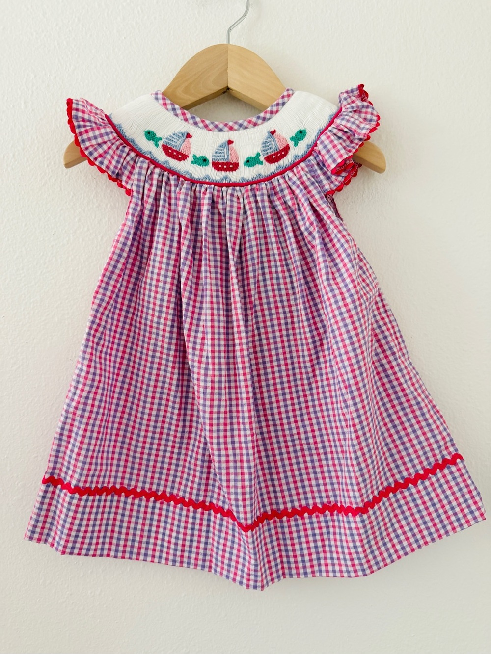 NWT Babeeni Gingham Smocked Bishop Dress - Sailboat Fish Pink Purple